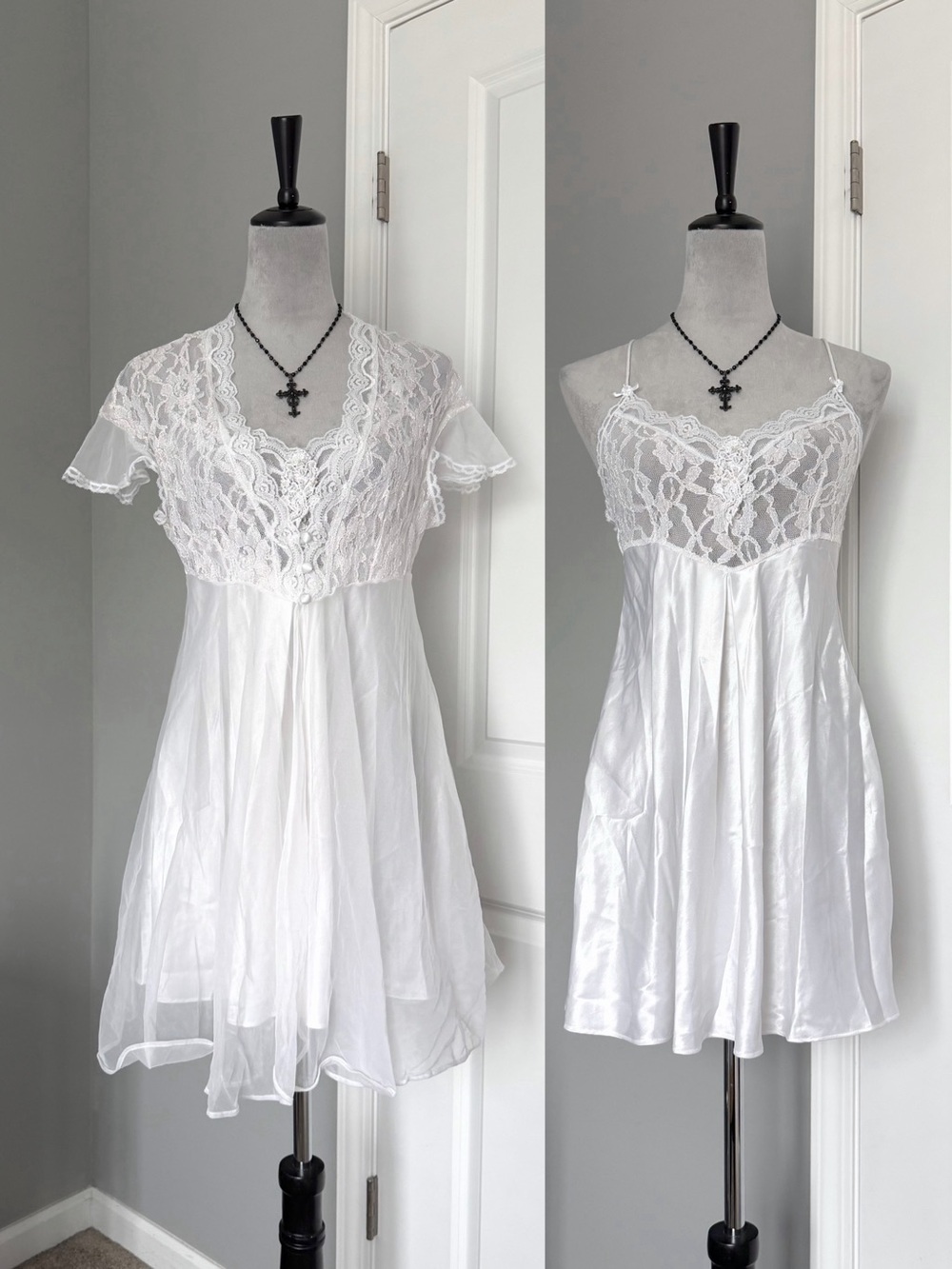Vintage Val Mode White Bridal Coquette Peignoir Lingerie Lace Satin 2 Piece Set